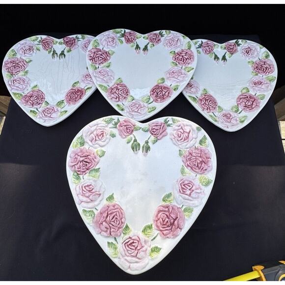 7 Ceramic Heart Shaped 12” Plates Embossed Maiolica Roses Hand Painted